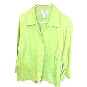 Talbots Linen Button Up Top 18W Green Cuffed Sleeves V Neck 100% Linen Pockets